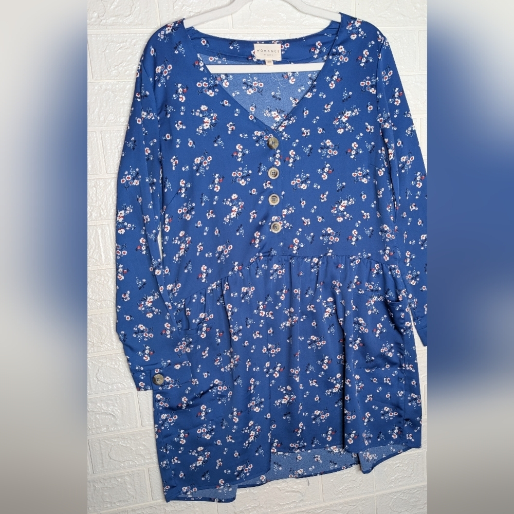 253-Womance Floral Blue Button-Down Dress‎